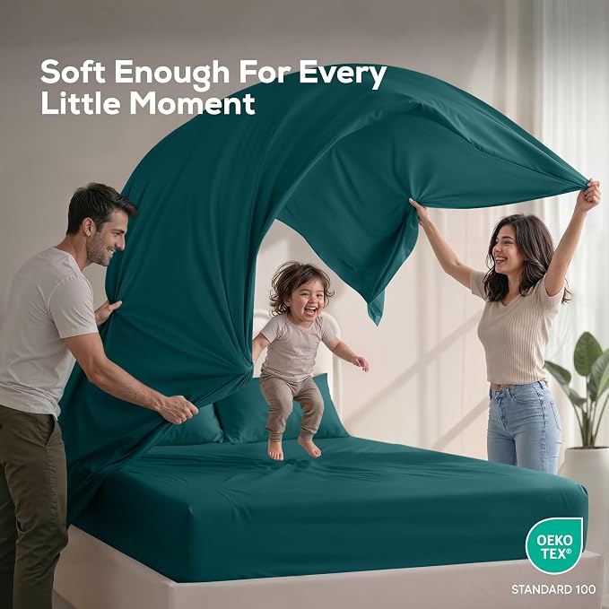 California King Sheets Set, 4 Pieces 16" Deep Pocket Bed Sheets, Teal Green | Extra Soft Bedsheet Set, Comfy & Breathable Cooling Sheets, Wrinkle & Fade Resistant, Fitted Sheet, Flat Sheet, 2 Pillowcases