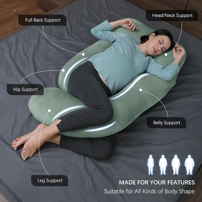 MOON PARK Pregnancy Pillows for Sleeping - U Shaped Full Body Maternity Pillow with Removable Cover - Support for Back, Legs, Belly, Hips - 57 Inch Pregnancy Pillow for Women - Green