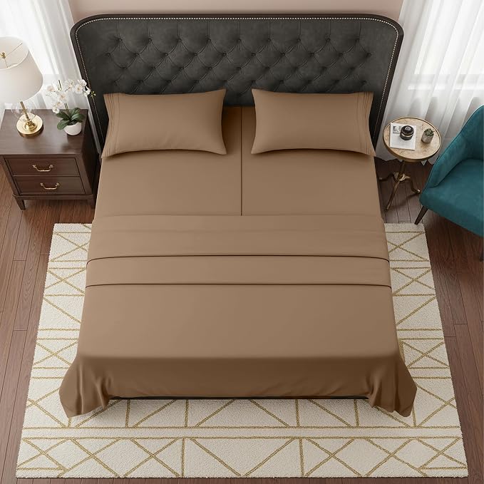Elegant Comfort Luxurious 1500 Premium Hotel Quality Microfiber Three Line Embroidered Softest 5-Piece Bed Sheet Set, Wrinkle and Fade Resistant, Split King, Taupe