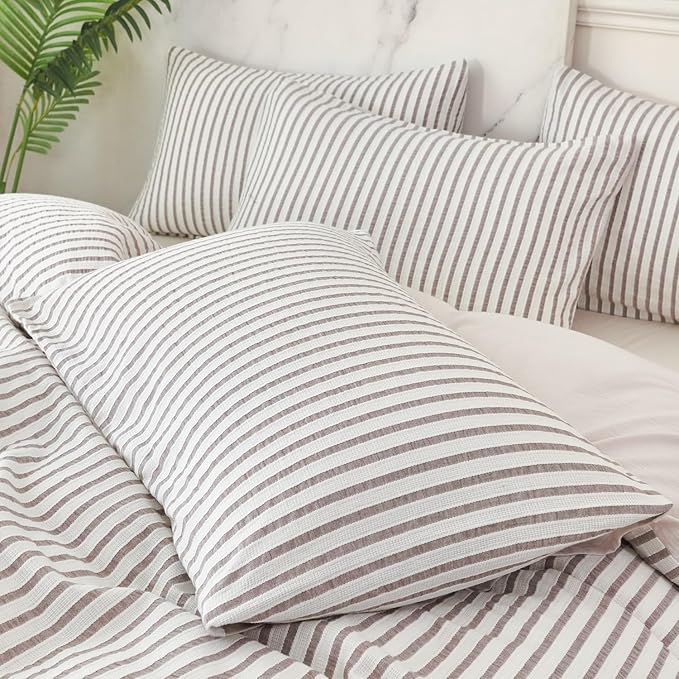 Grey Comforter Set King Soft Luxury Washed Microfiber Jacquard 3 Pieces Bedding, White Grey Vertical Ticking Stripes Pattern Comforter with 2 Pillowcases Breathable Durable Comfy