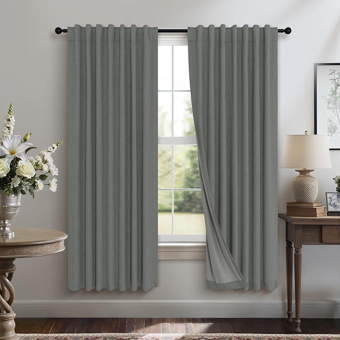 Gray Black Out Curtains 72 Inch Long for Bedroom 2 Panels Set Back Tab Pleated Neutral Boho Linen Textured Dark Grey Room Darkening Saving Energy Efficient Sound Deadening Drapes for Doorway 72 Length