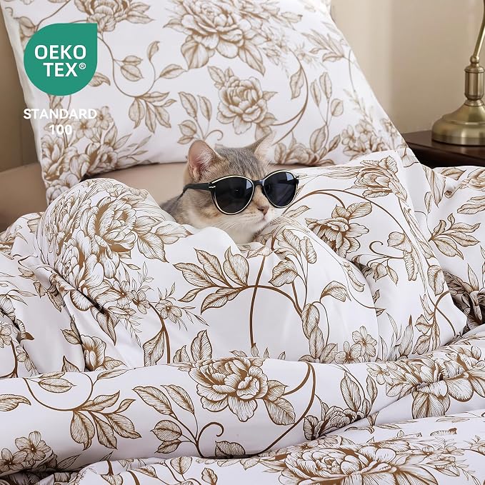JANZAA Queen Size Comforter Set - Yellow Khaki Floral Shabby Chic Bedding | 3 Piece Cute Floral Bedding for All Season, 1 Soft Fluffy Breathable Microfiber Comforter Set with 2 Pillowcases