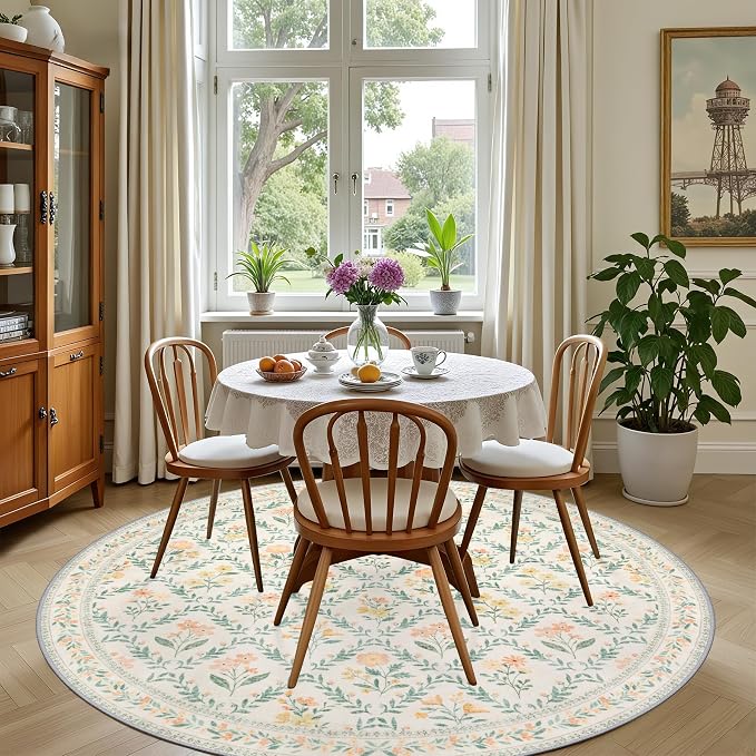 PLHXFR Round Area Rug Living Room: 6 ft Floral Washable Carpet Beige Multi | For Bedroom Dining Room Farmhouse Nursery Hallway,Vintage Floral,Machine washable,Non Slip,Stain Resistant,Large Indoor