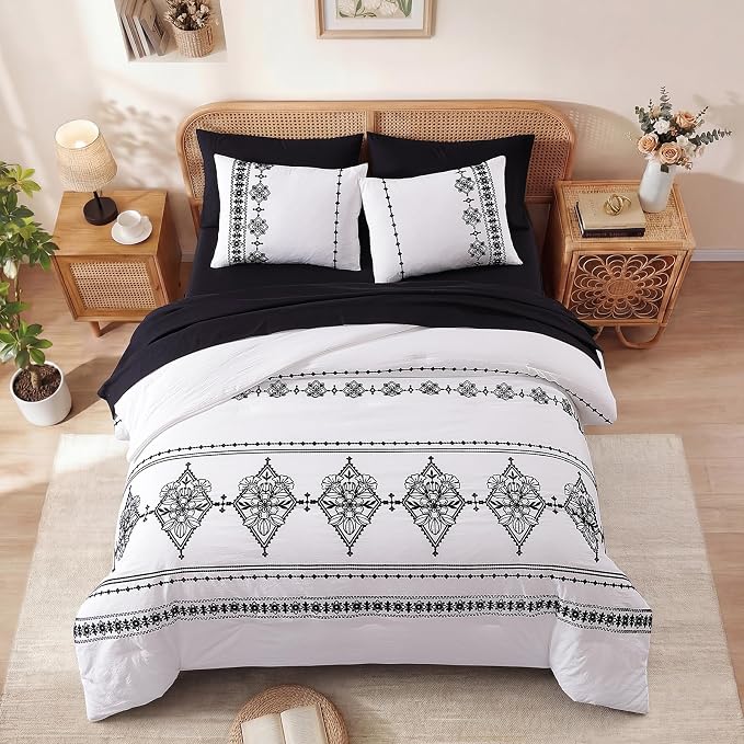 MaiRêve Queen Comforter Set Embroidery Floral 7 Pieces Bed in a Bag | Frost White Boho Farmhouse Bedding Sets with Comforter, Sheets, Pillowcases & Shams