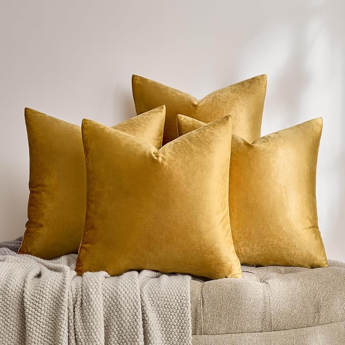 GIGIZAZA Pack of 4 Golden Decorative Velvet Pillow Covers 18x18 | Throw Pillows for Couch Sofa,280gsm Soft Textured Fabric,Modern Accent Pillowcases,Luxury Living Room Cushion Covers