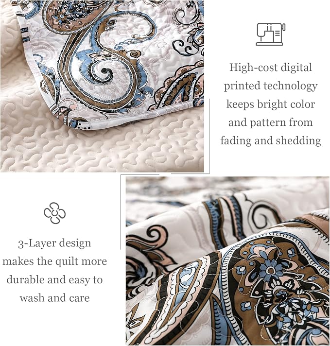 Whale Flotilla Patchwork Quilt King Size, Extra Soft Boho Paisley Bedspread | Reversible Lightweight King Quilt Bedding Set for Bed, Bone Grey Printed Coverlets with 2 Pillow Shams for All Seasons
