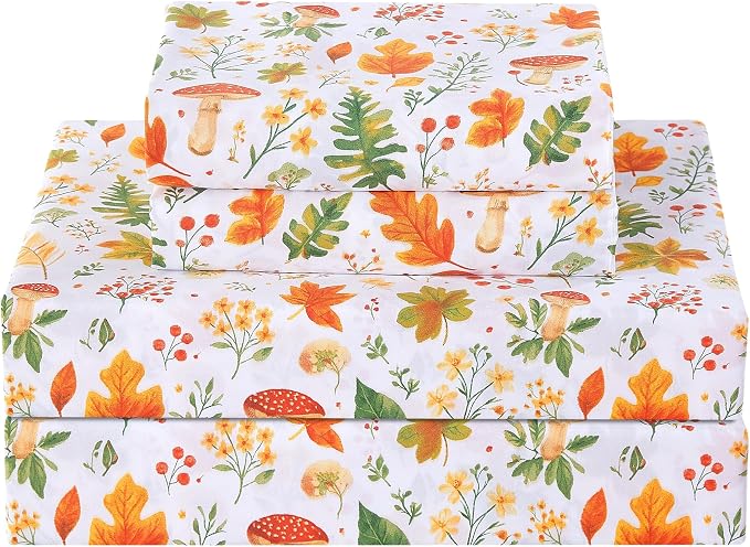Softan Orange Floral Queen Size Sheet Set, Printed Microfiber Fitted Sheet with 15" Deep Pockets & Non-Slip Straps, Maple Leaves & Mushroom Patterned Bedding Sheets & Pillowcase Set