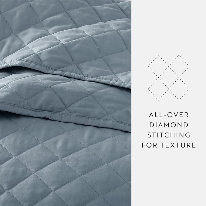 Merit Linens Modern Quilt Coverlet Soft Set in Diamond Stitching - King/Cal-King Dusk Blue