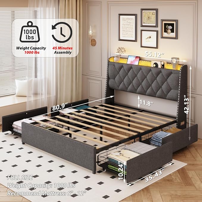 Full Size Bed Frame with 4 Drawers and Storage Headboard, Upholstered Button Linen Platform Full Bed with Led Lights and Handy Charging Station, No Box Spring Needed, Easy Assembly, Noise Free, Gray