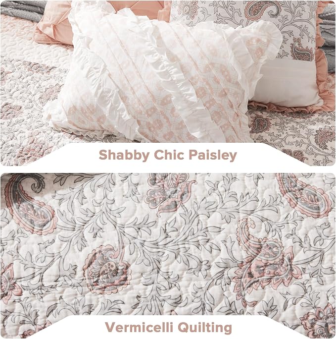 Madison Park 100% Cotton Quilt Set Floral Print, Double Sided Stitching, All Season, Lightweight Coverlet Shabby Chic Bedding Layer, Matching Shams, King/Cal King, Blush 6 Piece | Double-Sided Stitching Floral Design, All Season, with Shams, Bed Skirt,...