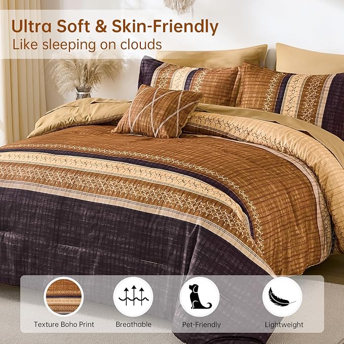 Dintszyayue Boho King Comforter Size Set, 8 Pieces Striped Texture Gold Purple Bed in a Bag Sets, Lightweight Soft Bohemian Comforter and Sheet Set, All Season Microfiber Bedding Sets for Men Women