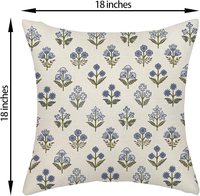 Blue Green Pillow Covers 18x18 Inch 2 Pcs Block Print Vintage Floral Decor Throw Pillows Boho Flower Spring Summer Outdoor Seasonal Decoration Pillowcase Linen Cushion Cover for Couch Sofa