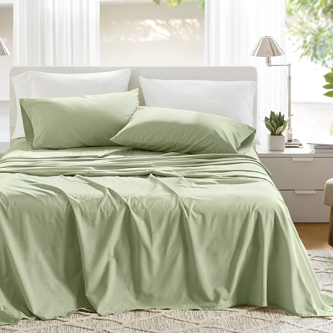Comfort Spaces 100% Cotton Percale Sheets Twin XL Size 3 Piece, Sage Green | Crisp, Cool & Breathable Bed Sheets, 12" Deep Pocket Fits Up to 14" Mattress, Lightweight, All Season Cozy, with Pillow Case
