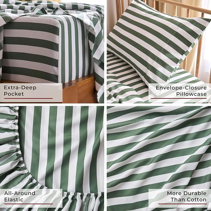 Mellanni Iconic 3-Piece, Ultra Soft Sheet Set (Twin XL, Oxford Stripe Sage) | 10M+ Sleepers. Lab-tested: Sleeps Cool, Stays Bright, Strong, Smooth. Good Housekeeping Best Bedding, 7 yrs running.