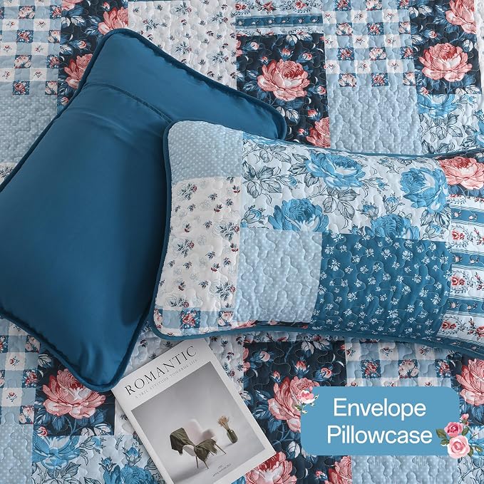 Anibedding Quilt Set King Size, 3 Pieces Blue Floral Patchwork Bedspread with Red Flower Pattern Coverlet Set, Soft Microfiber Bedding Set Reversible Bed Cover for All Season 110''x90''