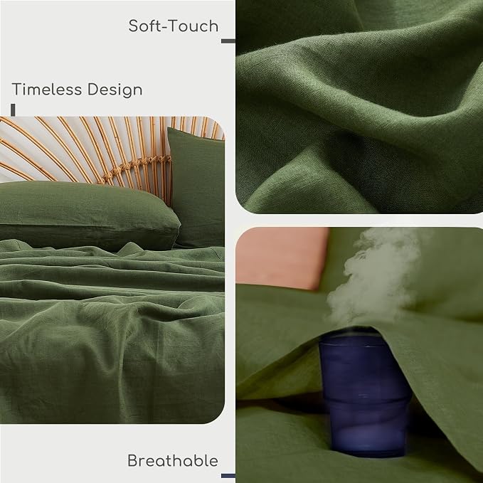 100% Pure Linen Queen Sheets Set, Natural French Linen Sheets | Breathable Cooling Soft Durable Washed 4 Piece Bedding Sets with 16" Deep Pocket, Machine Washable (Mossy Green,Queen)