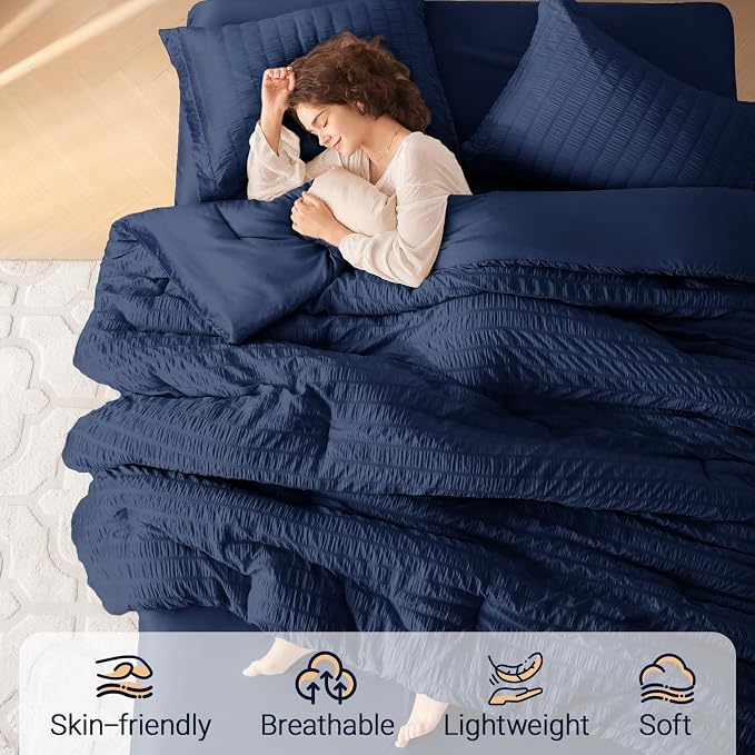 7 Pieces Full Comforter Set, Seersucker Bed in a Bag Full Size, All Season Luxury Bedding Set with Comforter, Flat Sheet, Fitted Sheet, Pillowcases & Shams, Navy Blue