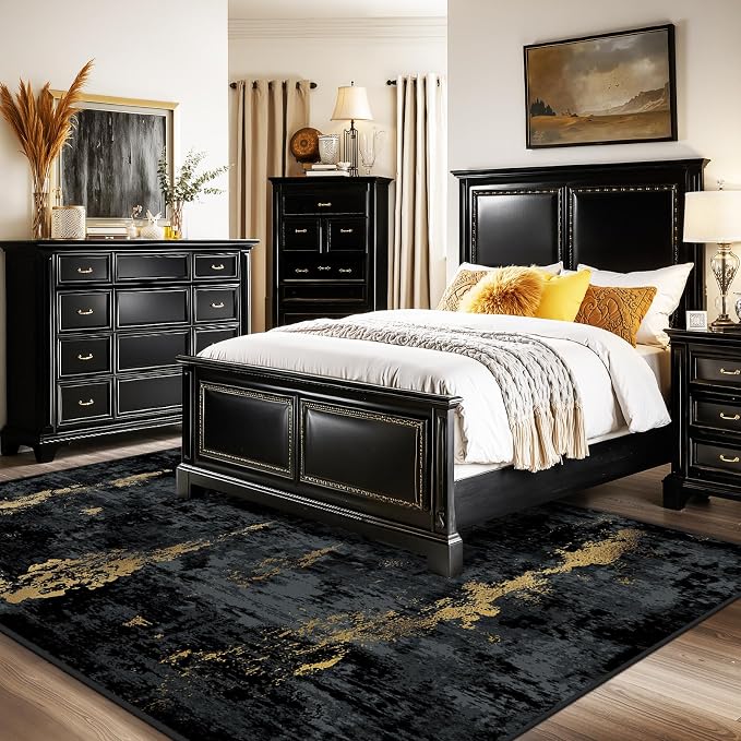 RELEANY Washable 5'x8' Abstract Area Rug for Living Room Black Gold | Carpet for Bedroom, Kitchen, Office, Hallway and Entryway, Printed Pattern, Non‑Slip, Soft, Stain‑Resistant, Easy to Clean
