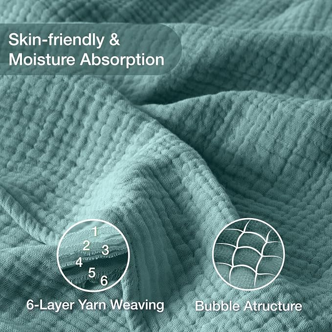 100% Cotton Muslin Blanket 50" x 60", Breathable and Lightweight Cotton Throw Blankets for Couch, Soft Cooling Summer Gauze Blanket for Adults All Season, Teal Blue