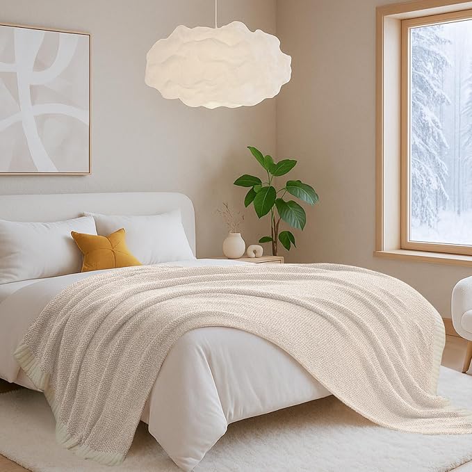 Snuggle Sac Buttery Ivory Throw Blanket for Couch, Reversible Super Soft Knitted Blankets, Warm Cozy Knit Fuzzy Plush Lightweight Throws Dupes for Sofa, Bed, Picnic, Ivory, 50 x 60 inches (Pack of 2)