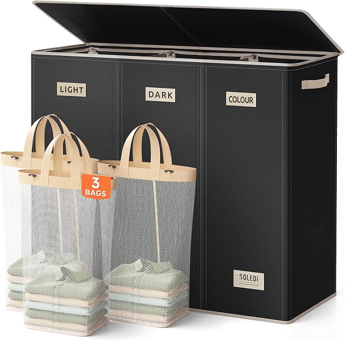 SOLEDI 200L 3-Section Laundry Hamper with Lid, Extra Large Dirty Clothes Basket with Sturdy Handles for Laundry Room & Bedroom - Durable Organizer for Sorting Laundry