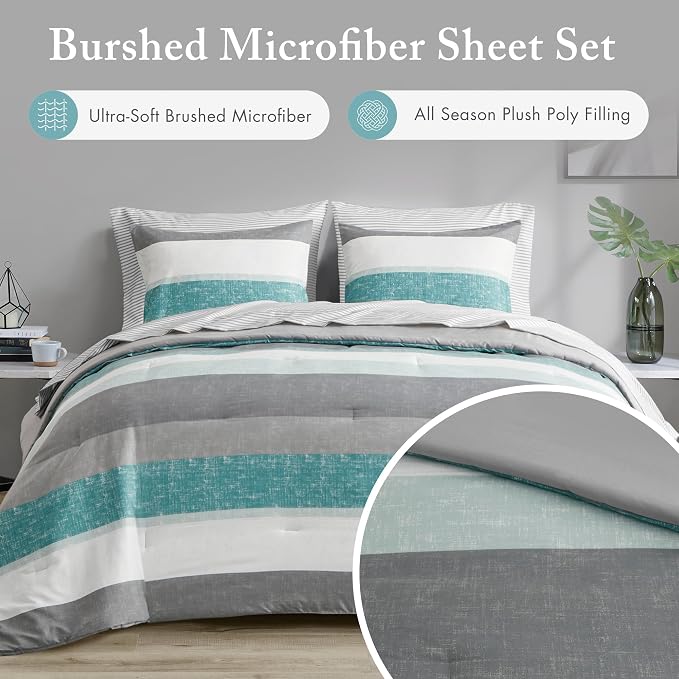Madison Park Essentials King Comforter Set, Bed in A Bag Comforter & Sheet Set, Modern Casual Stripes Print, All Seasons, Soft Microfiber Bedding Makeover, Matching Shams, Cal King Aqua/Grey 7 Piece