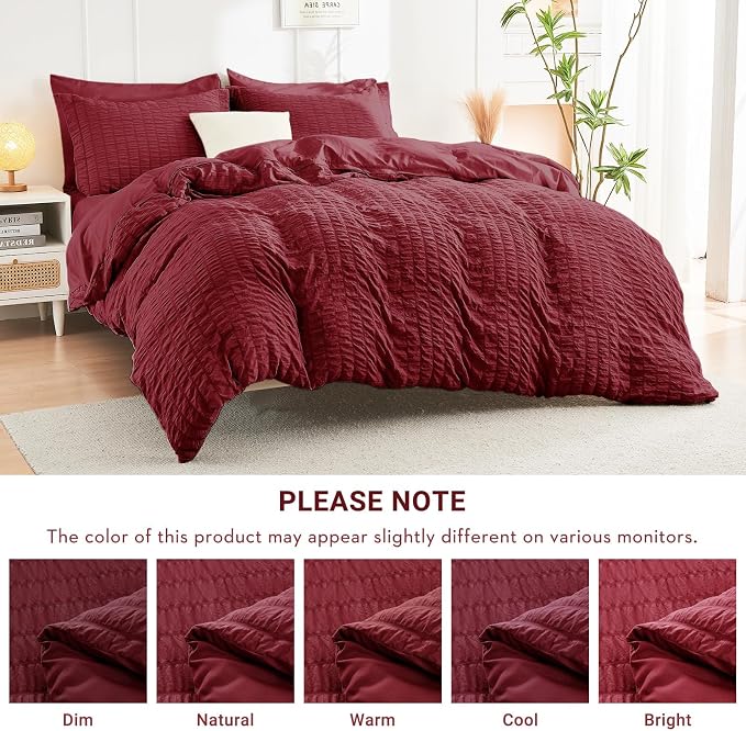 HYMOKEGE Burgundy California King Comforter Set Seersucker 7 Pieces, All Season Luxury Bed in a Bag for Bedroom, Bedding Set with Comforters, Sheets, Pillowcases & Shams