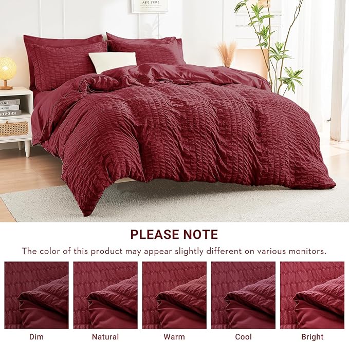 HYMOKEGE Burgundy Queen Comforter Set Seersucker 7 Pieces, All Season Luxury Bed in a Bag for Bedroom, Bedding Set with Comforters, Sheets, Pillowcases & Shams