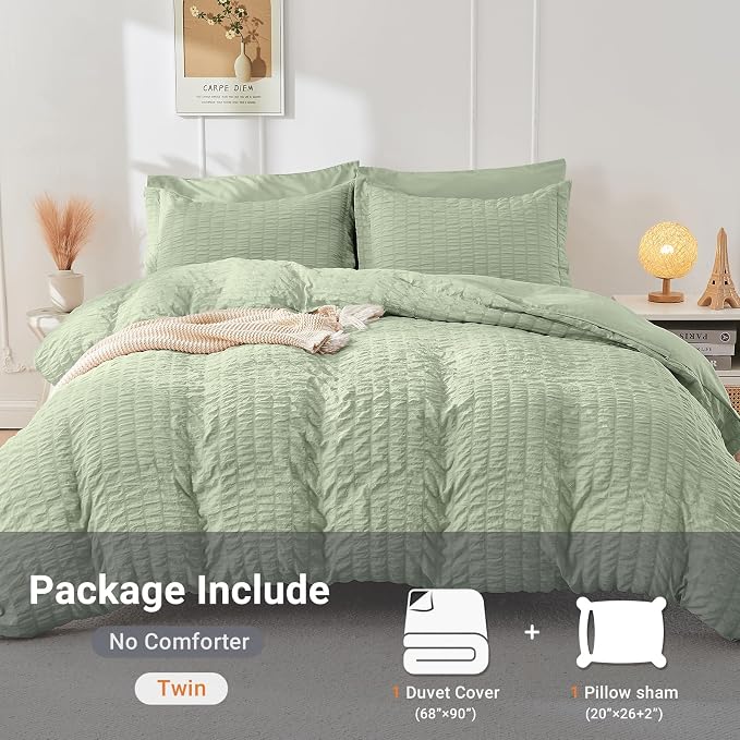 HYMOKEGE Light Green Twin Size Duvet Cover, Ultra Soft 2-Piece Seersucker Duvet Cover Set with Zipper Closure, Soft Brushed Microfiber Bedding Set with 8 Corner Ties (68"x90", 1 Pillowshams)