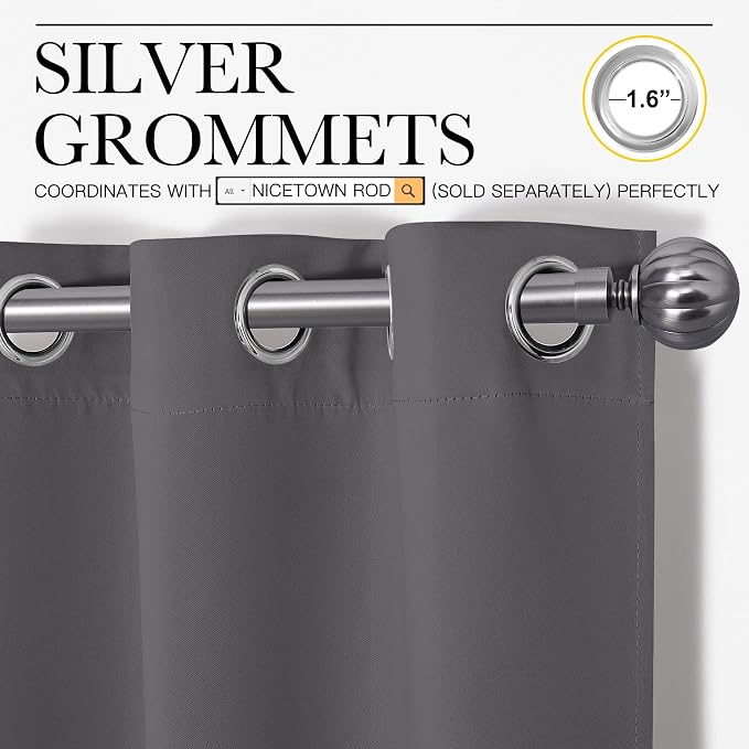 NICETOWN Grey Blackout Curtains for Bedroom 34" Wide x 63" Long 2 Panels | Thermal Insulated Grommet Top Draperies Drapes for Window Treatments, Light Blocking Noise Reducing Room Darkening Decor
