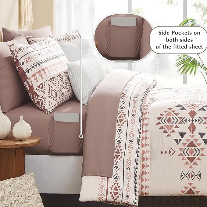 Full Size Comforter Sets - 7 Pieces Western Bedding Reversible Bed in a Bag | Boho Bedding, All Season Aztec Bed Set with Comforter, Sheets, Pillowcases & Shams, Burgundy