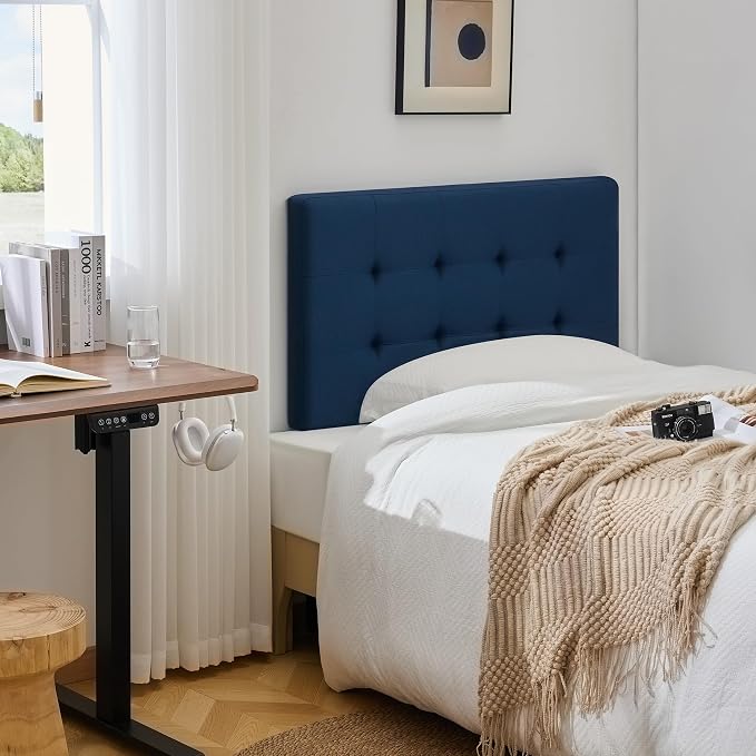 Linen Stitched Tufted Twin Headboard, Adjustable Height 37.2-46 in, Blue | Wood Twin Headboard Only, Padded Support for Reading, Relaxing or Working in Bed, Stable Non-Slip Design, Fits Bed Frame