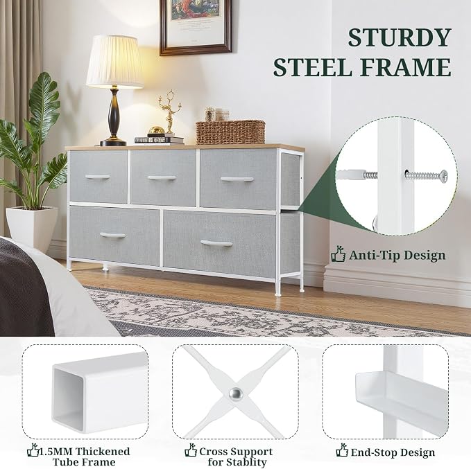 5-Drawer Dresser for Bedroom, Anti-Tip Wide Storage Organizer Fabric | Chest of Drawers TV Stand for 45" TV with Wooden Top and Metal Frame for Closet, Living Room, Hallway, Entryway, Light Gray