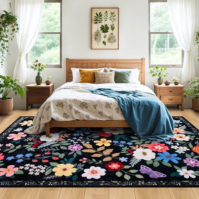PLHXFR 6x9 Area Rug Living Room: Floral Washable Boho Soft Carpet Black | For Bedroom Dining Room Farmhouse Nursery Hallway,Vintage Floral,Machine washable,Non Slip,Stain Resistant,Large Indoor