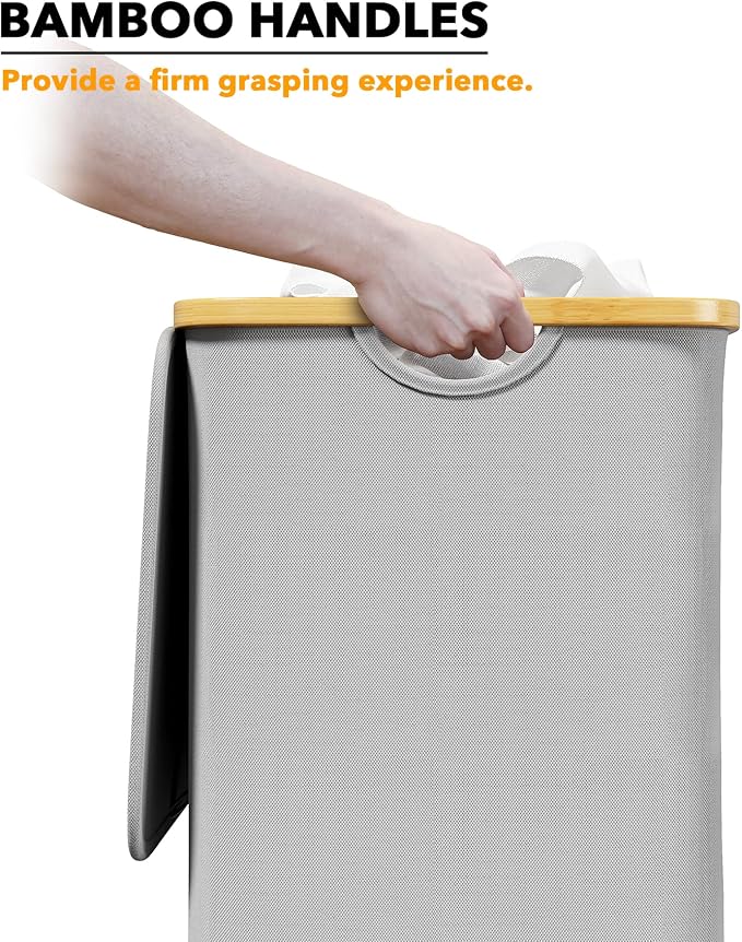SpaceAid Laundry Hamper with Lid, 110L Large Tall Clothes Basket Bin with Bamboo Handles, Collapsible Laundry Hamper for Bedroom, Bathroom, Dorm, Laundry Room - Light Grey