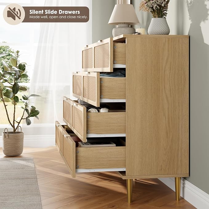 GarveeHome Rattan 8 Drawer Dressers for Bedroom, Deep Drawer, Natural | Tall Dresser, Wide Top, for Living Room, Hallway, Kids Room, Large Chest of Drawers for Closet, Long Wooden Dresser