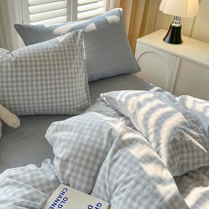 mixinni Light Blue Gingham Duvet Cover Set King Size - 100% Washed Cotton 3 Piece Plaid Checkered Bedding Set, Soft Comfy Grid Farmhouse Comforter Cover with Zipper Closure & Corner Ties