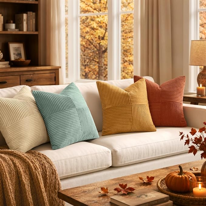 MIULEE Fall Teal-Orange Decorative Throw Pillow Covers 20x20 Inch Set of 4 Boho Corduroy Striped Cushion Cases Modern Farmhouse Patchwork Pillow Cases for Couch Sofa Bedroom Home Decor
