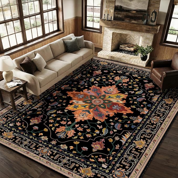 RELEANY Washable Area Rug, Large 9'x12', Black/Colorful | Non-Slip, Water Repellent, Pet Friendly, Easy to Clean, Vintage Floral Boho Decor for Living Room Bedroom Dining Room