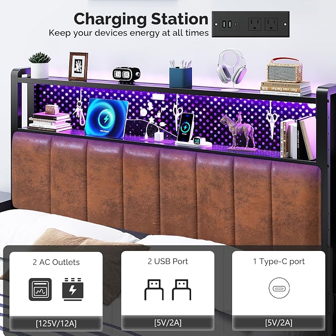 VINGLI King Size PU Leather Upholstered Headboard Bookcase Head Board for Bed with Storage,Charging Stations and LED Light, 2 Tier Shelves and Pegboard, Height Adjustable, Industrial Brown