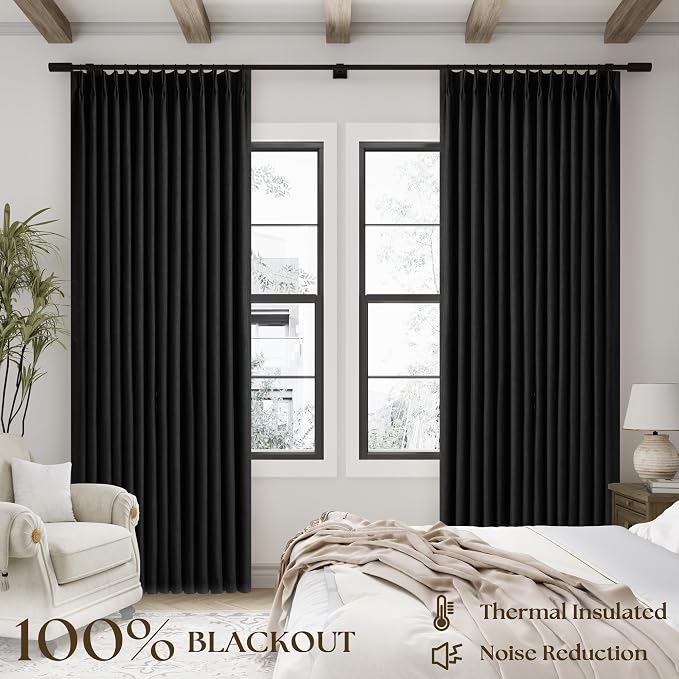 Black Pleat Linen Blackout 102 Inch Curtains for Bedroom 2 Panels | 100% Black Out Thermal Insulated, Pinch Pleat with Rings Hooks, Room Darkening Drapes with Liner, for Living Room W40xL102