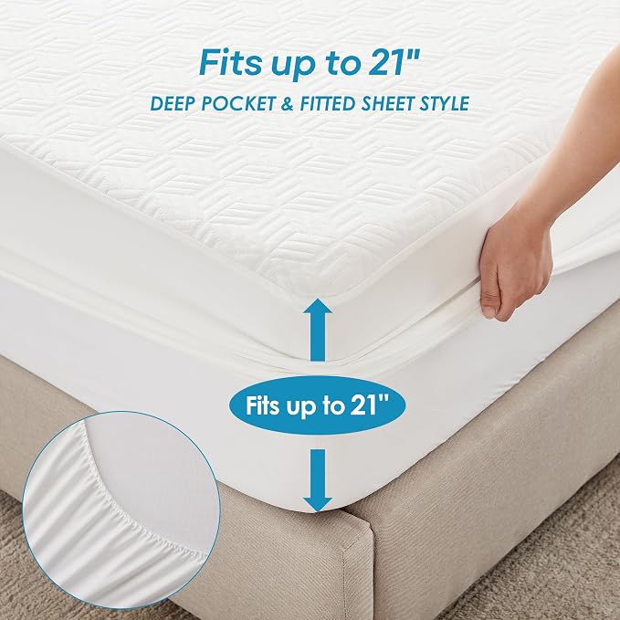 Cozymaker Cooling TwinXL Size 100% Waterproof Mattress Protector | Fitted 8"-21" Deep Pocket, Noiseless 3D Air Fabric, Soft Breathable Smooth Bed Cover Washable