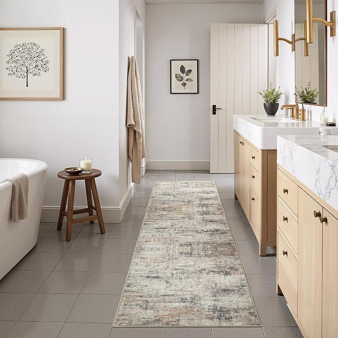 2X8 Area Rug for Hallways, Gold Abstract Washable Non-Slip Runner Rugs | Low Pile Runner Rugs, Soft Carpet for Kitchen Bathroom Bedroom Laundry, Stain Resistant Foldable Non-Shedding Distressed Rug