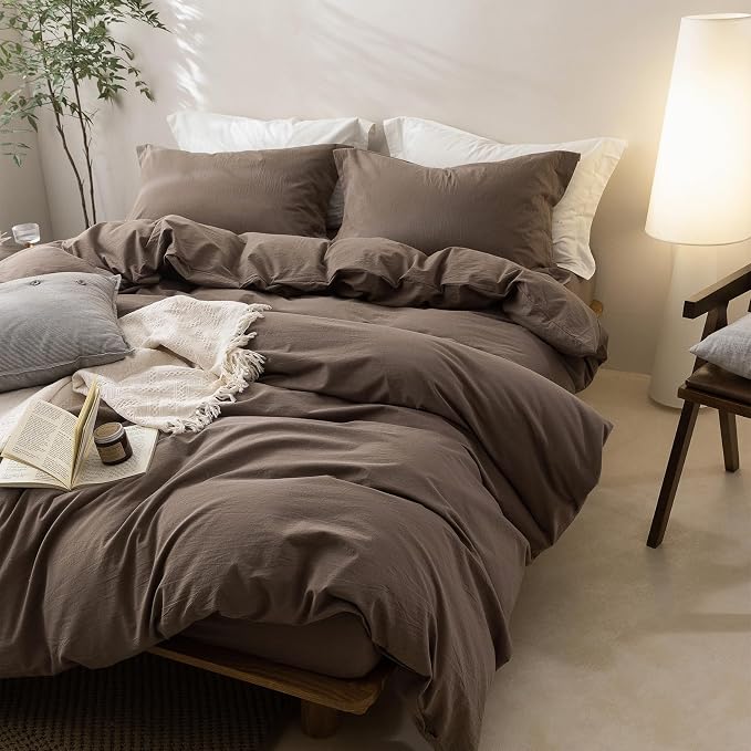 BDEAR 3Pcs Light Chocolate Brown Duvet Cover Set Super Queen Size 98 x 90 | 100% Washed Cotton, 1 Duvet Cover with 2 Pillowcases, Zipper Closure, OEKO TEX Standard,8 Corner Ties,Linen-Liked Texture