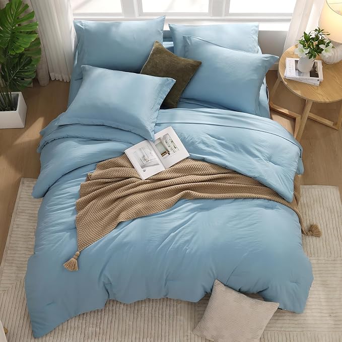 Queen Comforter Set-7 Pieces Soft Prewashed Bed in a Bag Queen Bedding Sets | All Season Comforter with Sheets, Pillow Shams & Pillowcases, Sky Blue