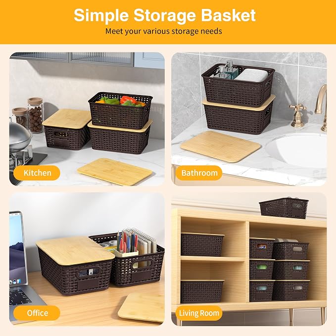 6 Pack Plastic Storage Baskets,Brown bamboo lid storage Box | Labels, Stackable, For Organizing Shelves Pantry Drawers Desktop Closets Organizing Desktop Closet Playroom Classroom