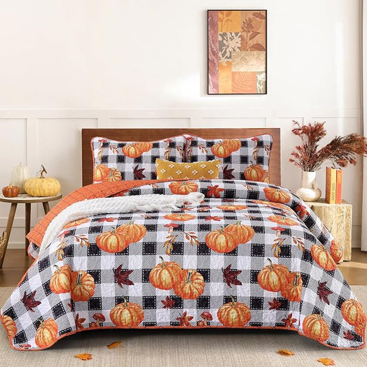 Fall Patchwork Quilt Set King Size, Pumpkin Maple Leaves Plaid Bedding Set | Thanksgiving Themed Bedspread with Black White Checkered Pattern, Soft Coverlet with 2 Pillowcases Autumn Home Decor Gift