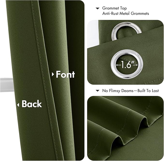 MIULEE Blackout Curtains for Bedroom 2 Panels 40 x 63 Inch Long Olive Green | Thermal Insulated, Living Room Darkening Grommet Drapes, Noise Reducing, Light Blocking Window Treatments