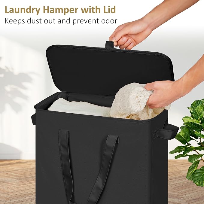 efluky Slim Laundry Basket with Lid, Narrow Laundry Hamper with Handles, Collapsible Dirty Clothes Hamper, Tall Laundry Bin for Laundry Room, Dorm and Bedroom, 55L Black