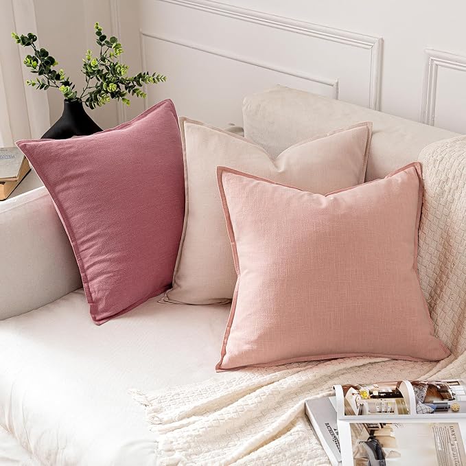 MIULEE Decorative Linen Euro Sham Pillow Covers 24x24 Light Pink | Boho Farmhouse Neutral Couch Throw Pillows for Bed, Pack of 2 Accent Modern Pillowcases, Sofa Livingroom Home Decor